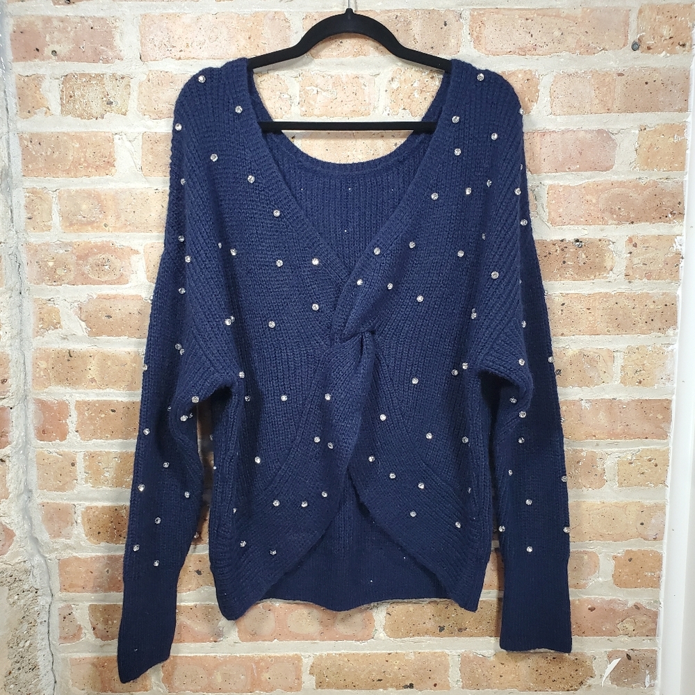 EXPRESS Navy Blue Rhinestone Embellished Twisted Long Sleeve V-Neck Knit Sweater